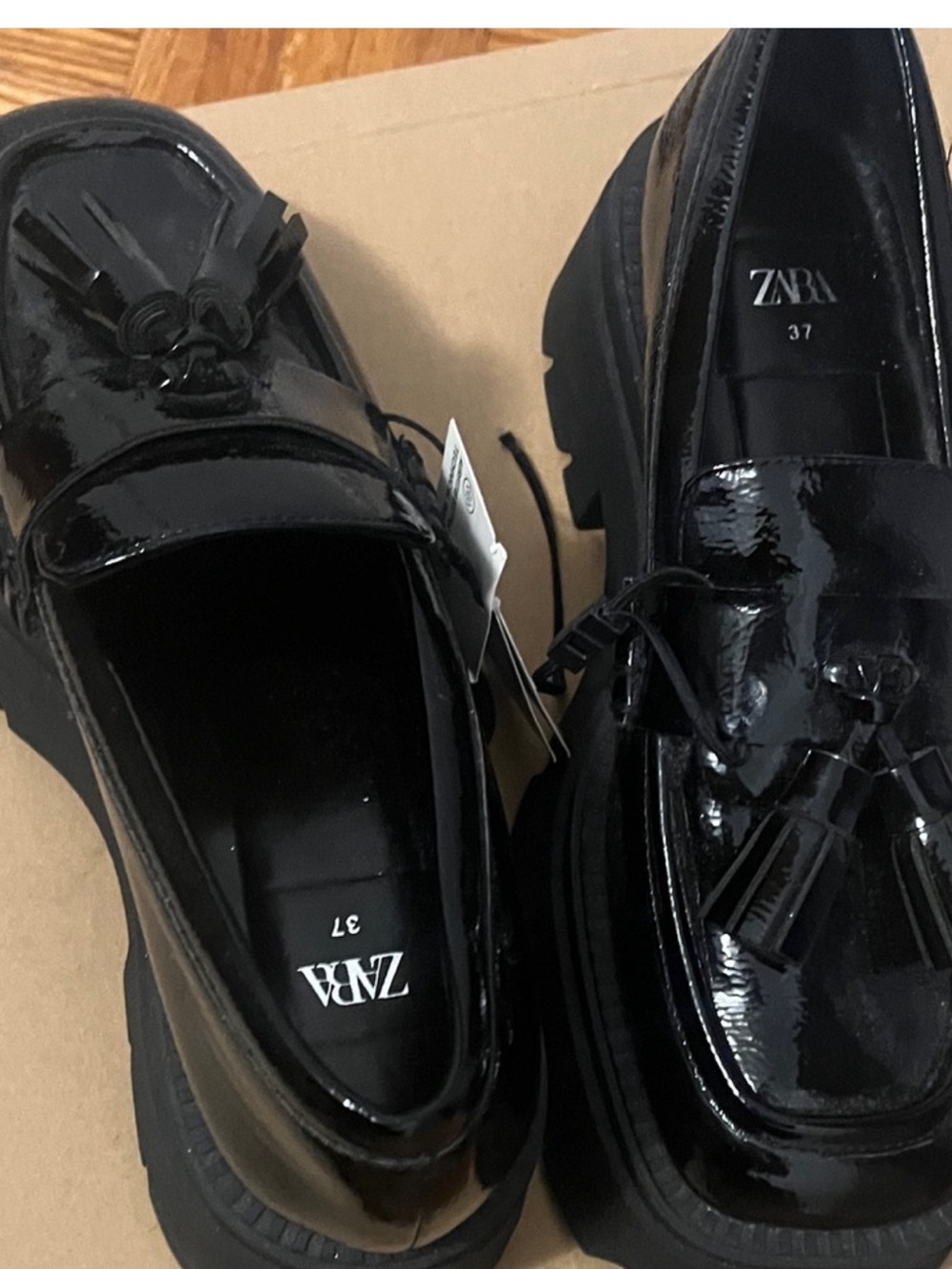 Zara Black Patent Tassel Chunky Loafers